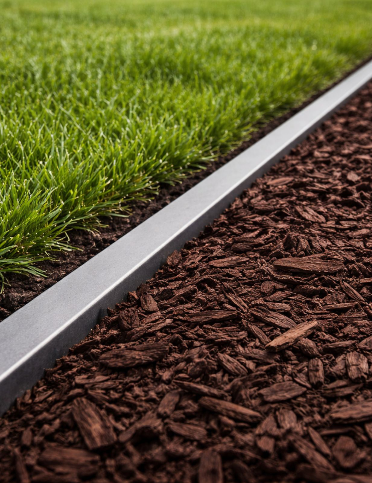sharp landscape edging with clean metal border separating green grass and fresh dark mulch