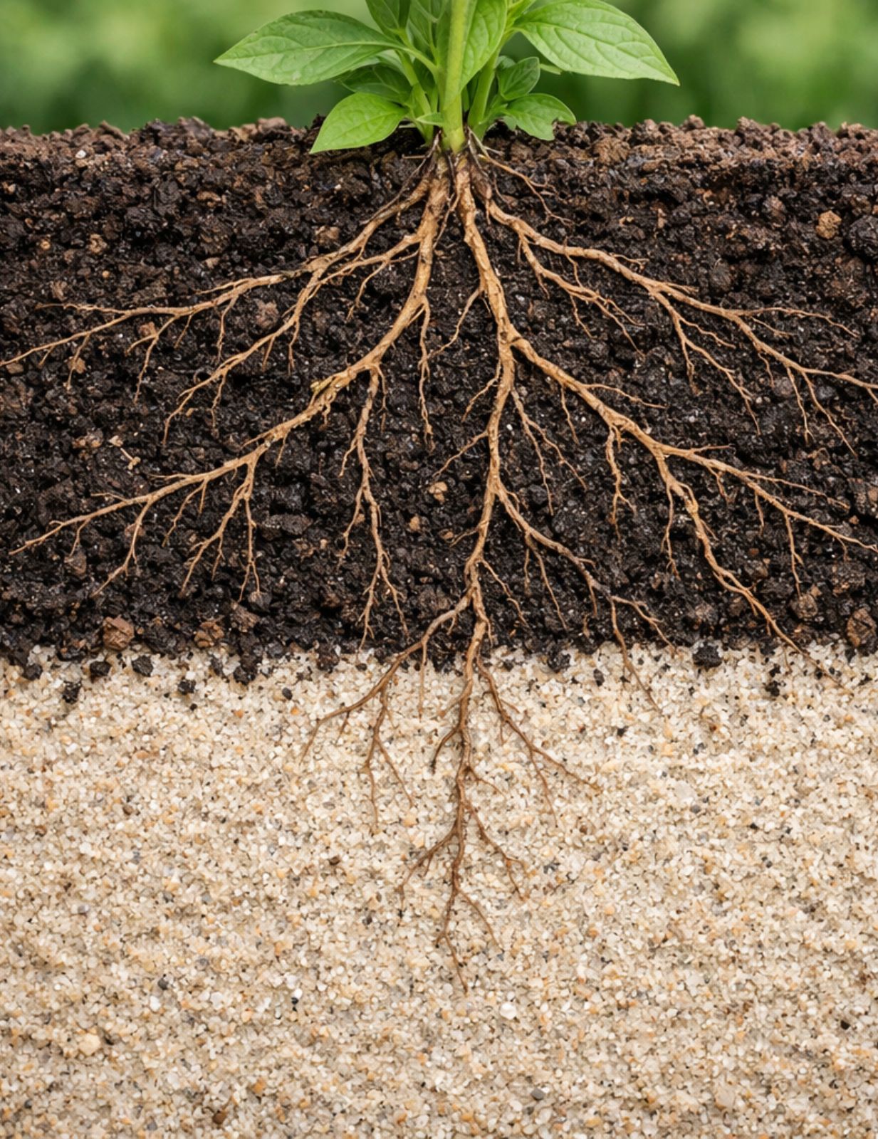 cross-section of soil layers showing dark nutrient-rich topsoil, sandy layer beneath, and visible plant roots spreading through clean, layered structure.