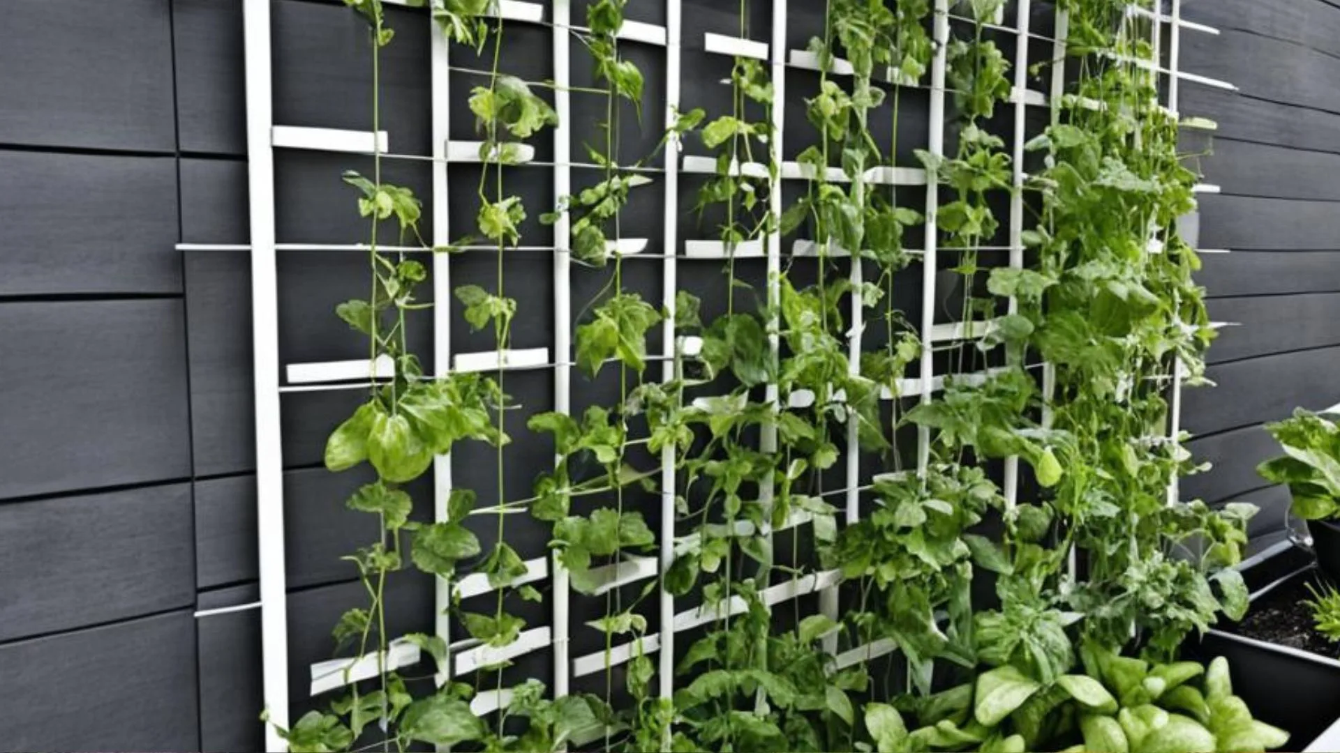 Vertical landscaping in small yard using trellis plants and raised planters to save space