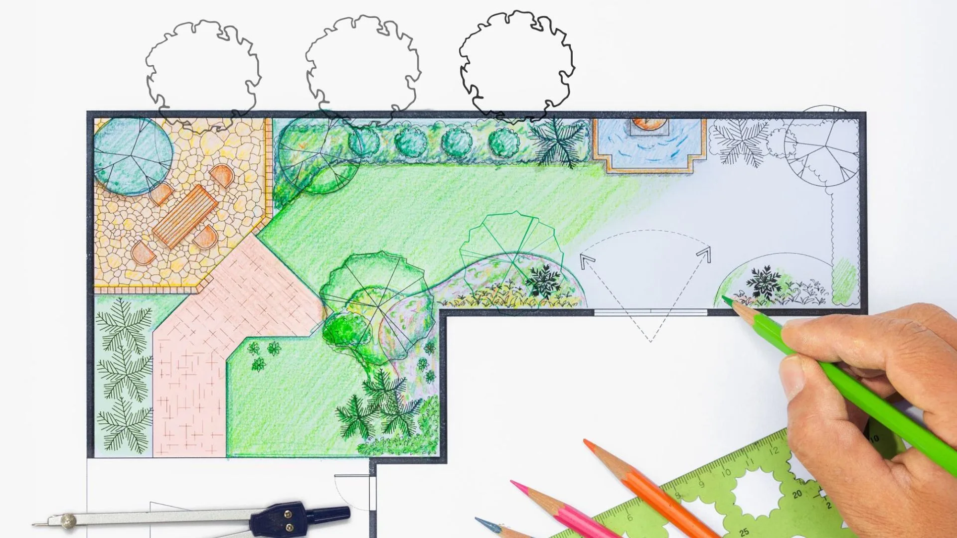 Step by step backyard design process including layout planning, plant selection, and implementation