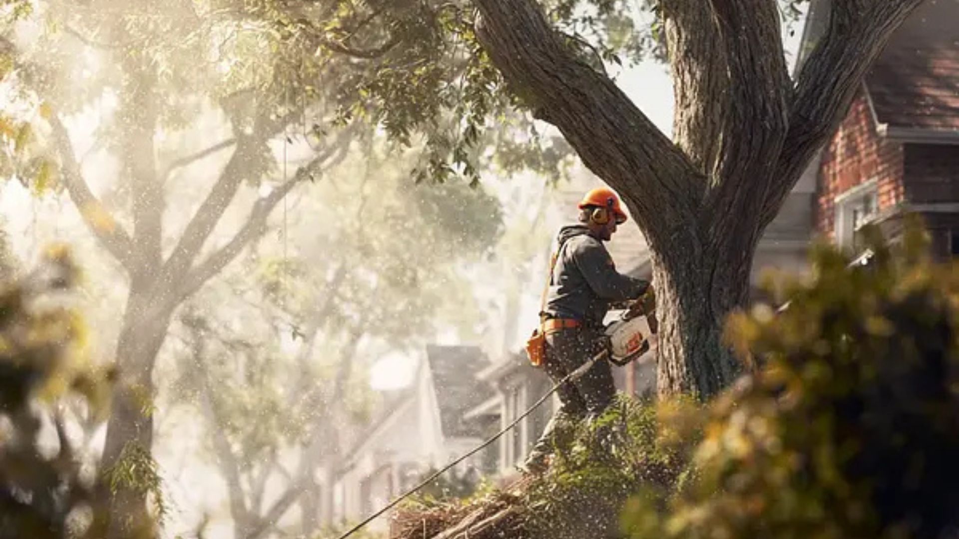 Professional arborist performing tree safety pruning near residential property to prevent damage