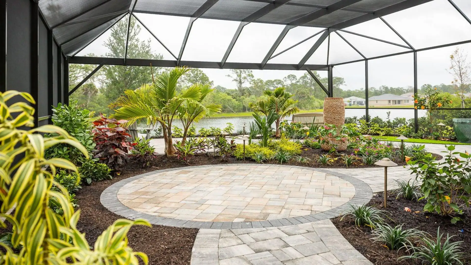 Small yard hardscape design with paver patio and narrow pathway to create structure