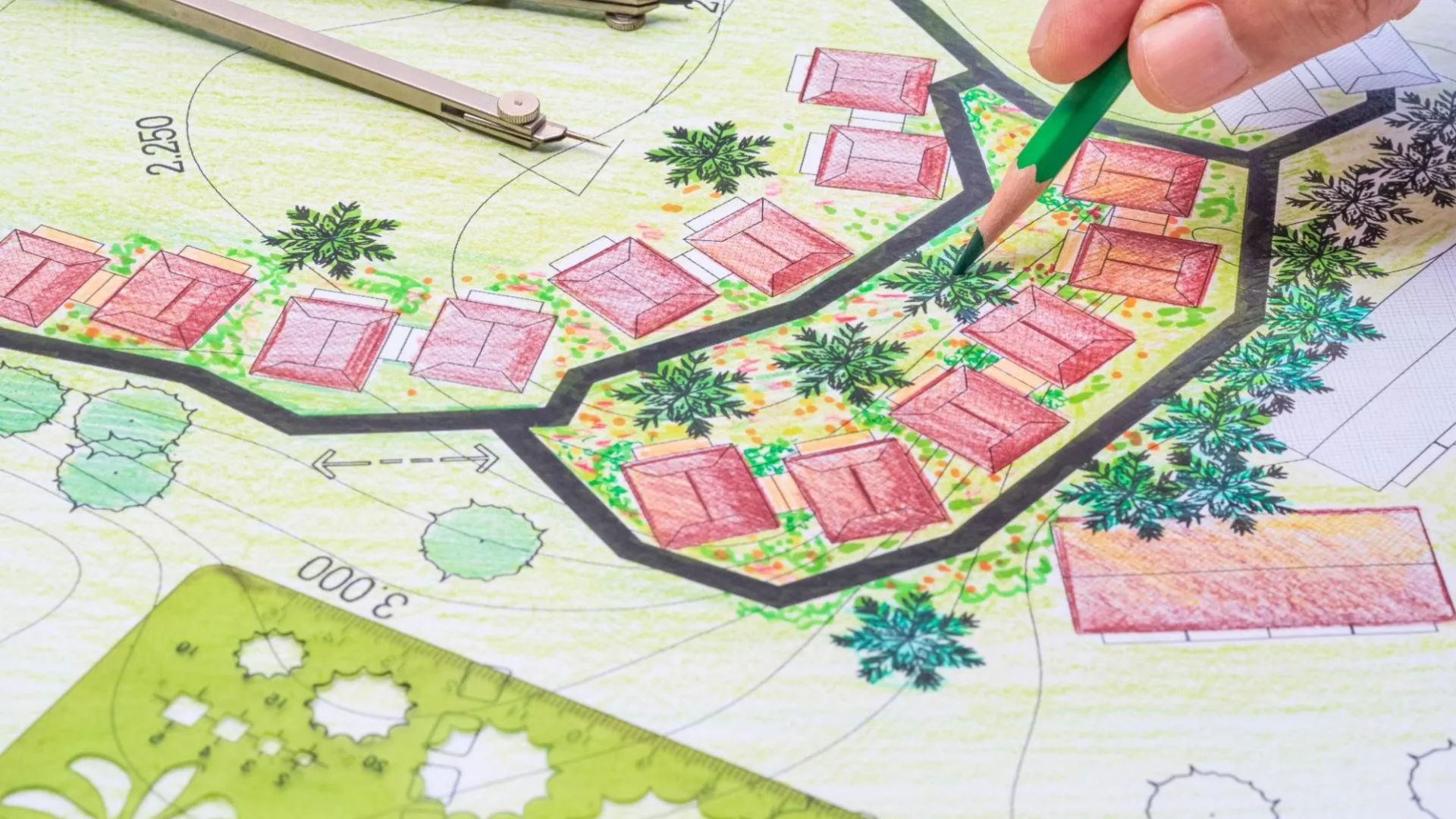 Landscape design phase showing backyard layout plan with plants, pathways, and hardscape elements