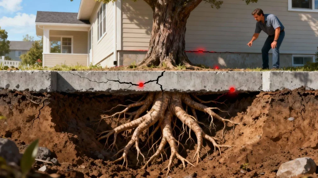 Tree planted too close to house causing root damage to driveway and foundation