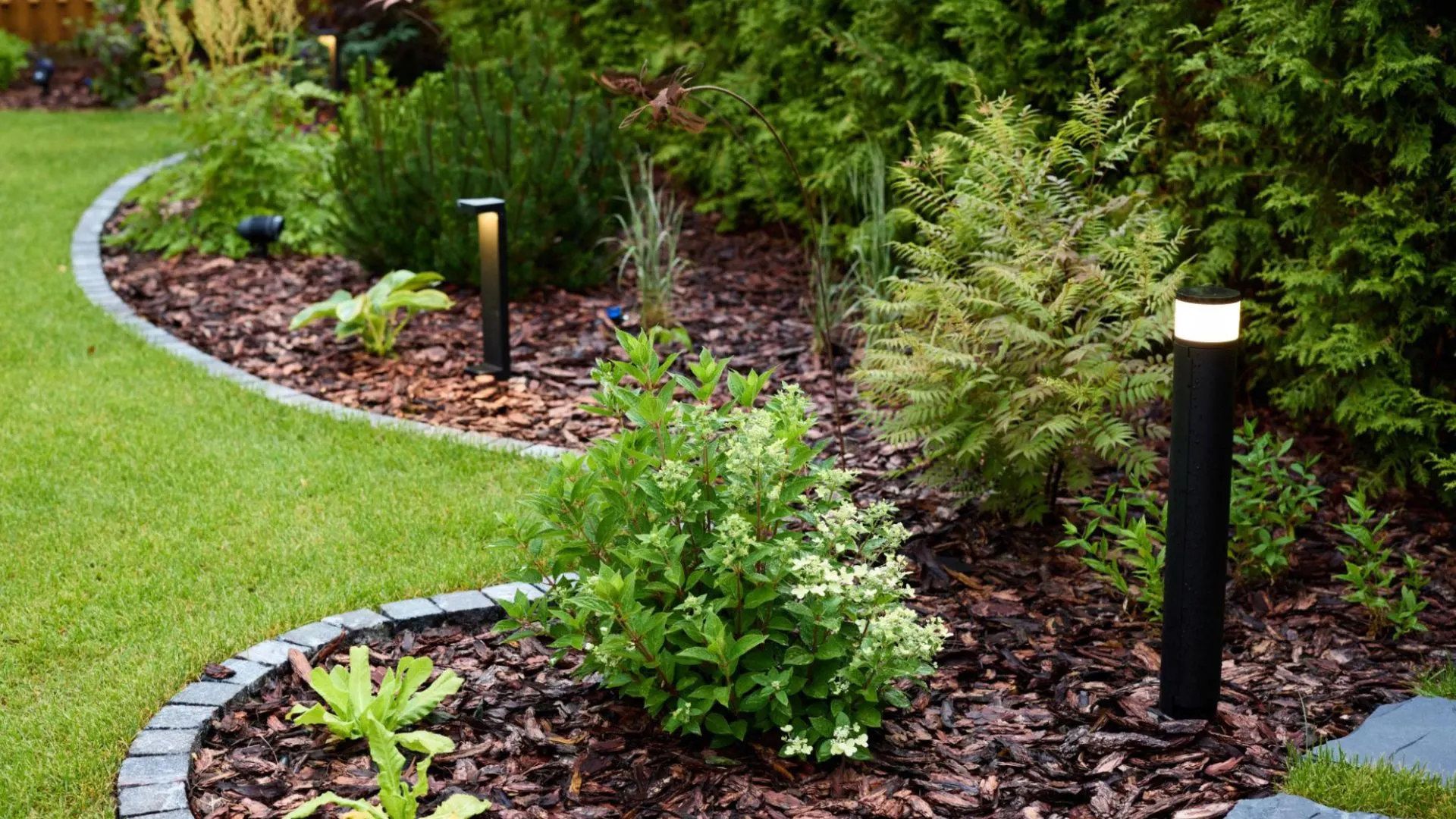 Backyard landscape layout with pathways, lighting, mulch, and hardscape design elements